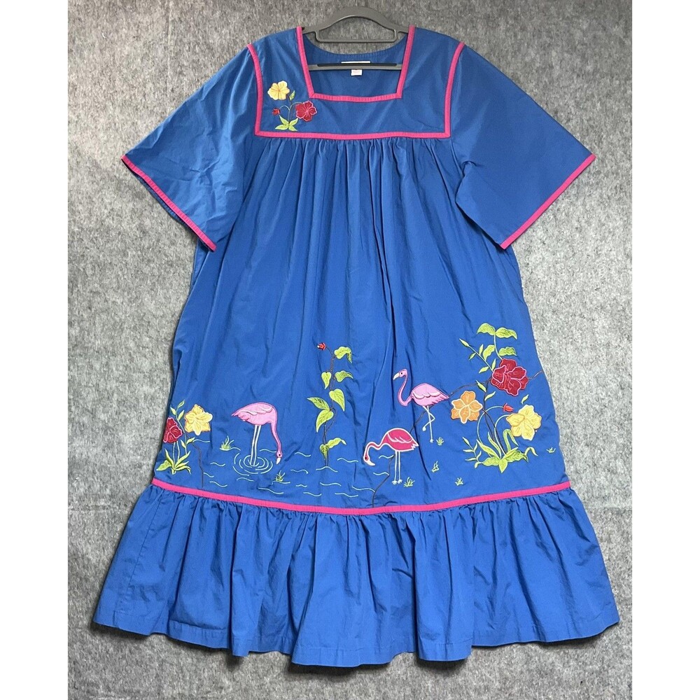 Go Softly Patio Dress Womens XL Blue Flamingo Embroidered Kaftan Maxi Cotton